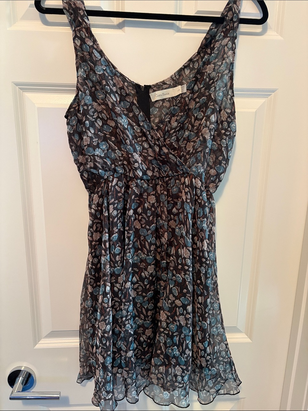Costa Blanca Black Mini Dress with Blue and Gray Floral Print